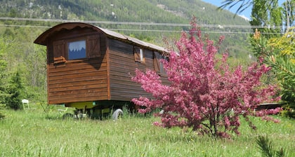 Roulotte au Milieu des Chevaux au Pied de la Falaise de Ceuze