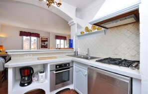 Fridge, stovetop, dishwasher, cookware/dishes/utensils