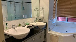 Chuveiro, secador de cabelo, toalhas de banho 