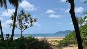 A beach with palm trees and a clear view of the ocean. - BHA 1 Beachfront Haven - 2 bedroom (Mission Beach)