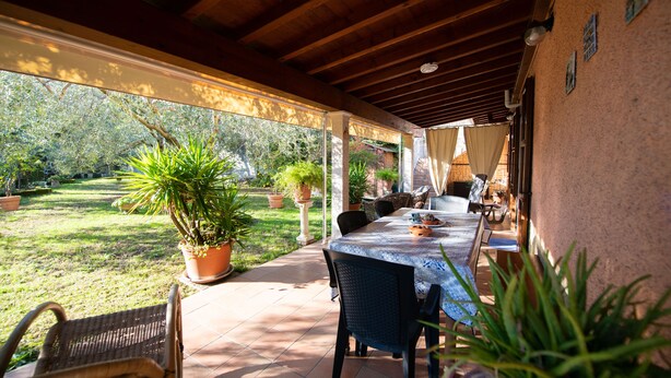 En overdækket terrasse med et bord og stole, omgivet af krukker med planter og udsigt til en have.
