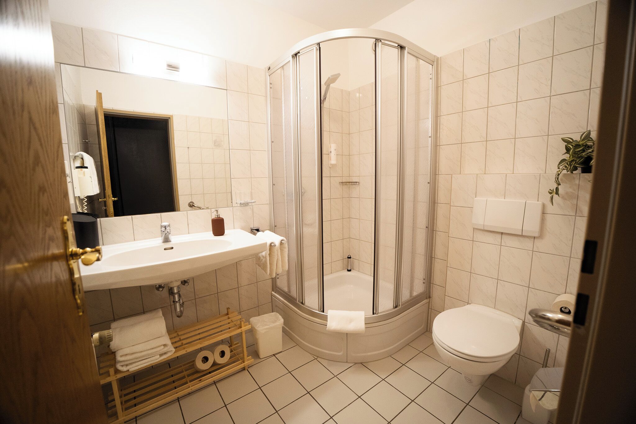 A modern bathroom with a glass-enclosed shower, a sink with a mirror, and a toilet.