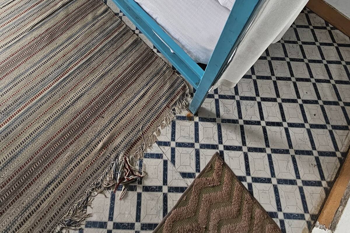 A small, single-bed room with a blue frame, a white mattress, and a patterned rug on the floor.