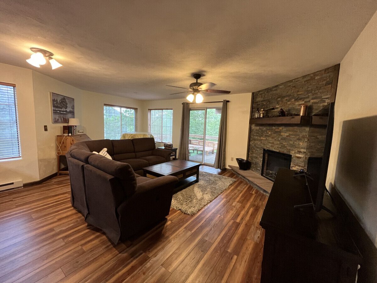 Smart TV, fireplace, books