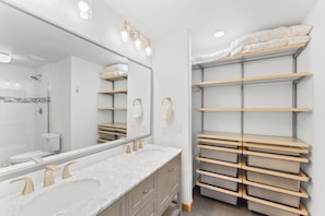 Hair dryer, towels, soap, shampoo