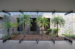 A modern interior with glass partitions, a stone wall, and palm trees.