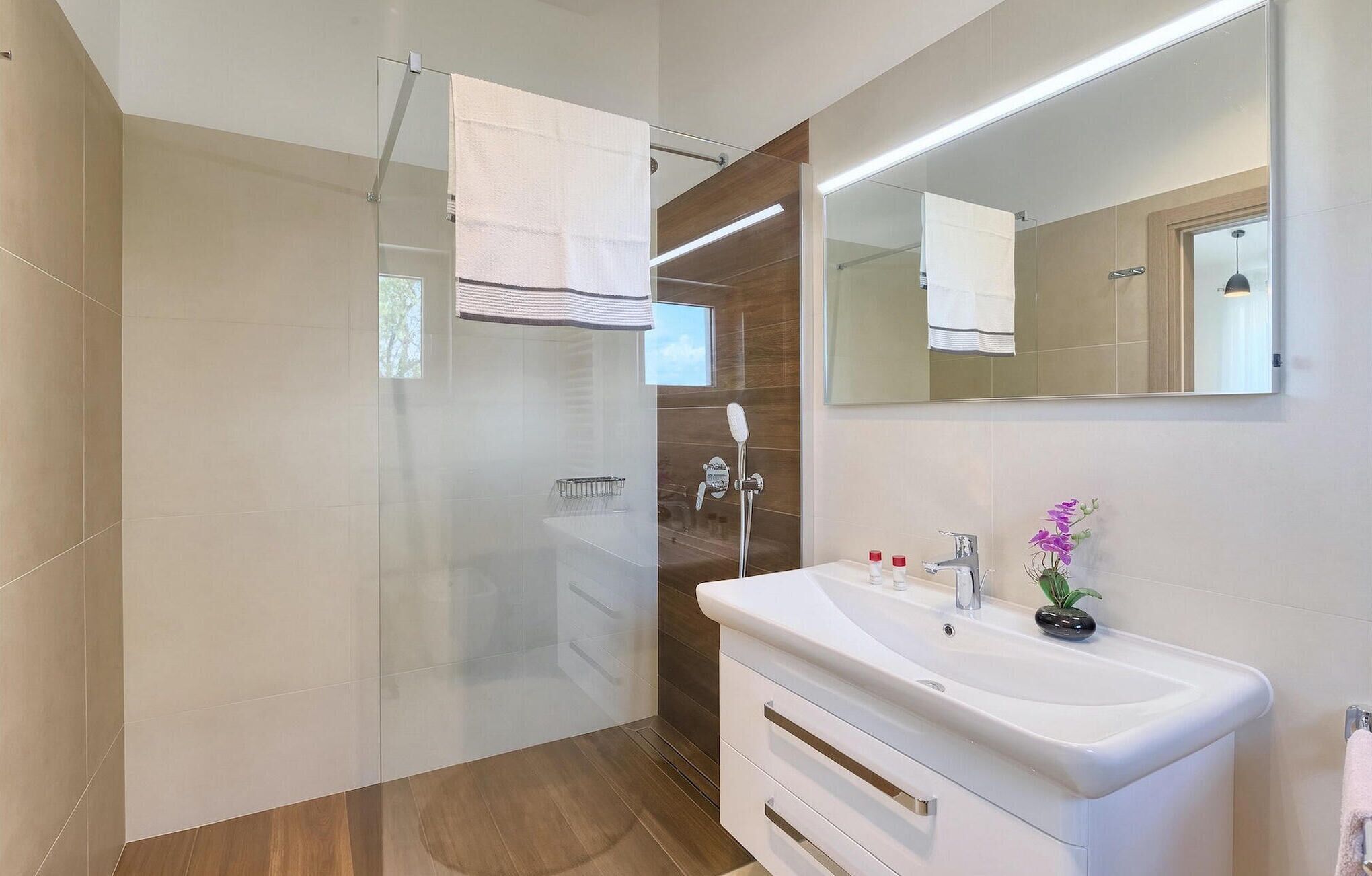 A modern bathroom with a glass shower enclosure, a white vanity with a mirror, and a small potted orchid.