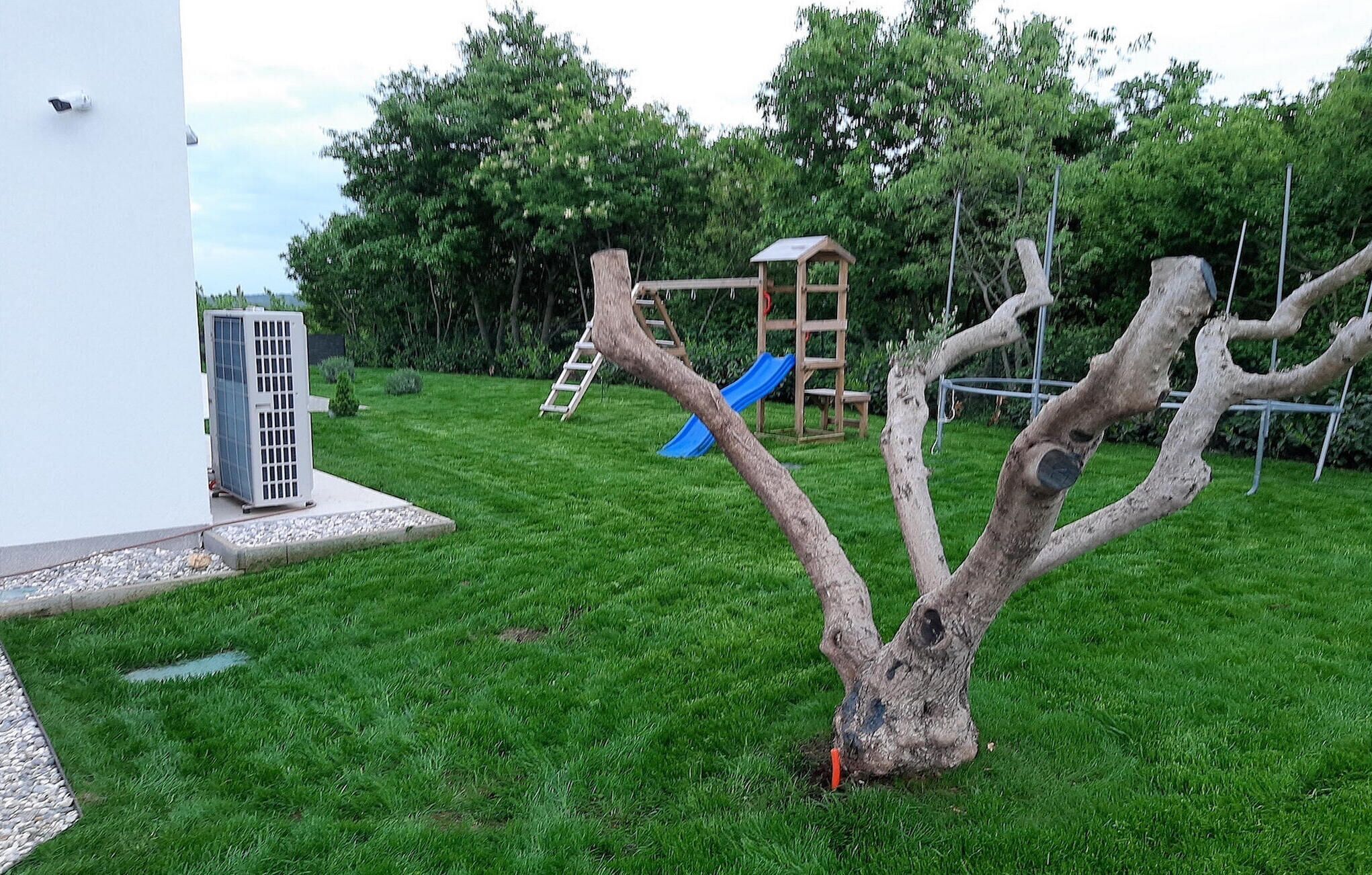 A backyard with a tree, a slide, and a playhouse.