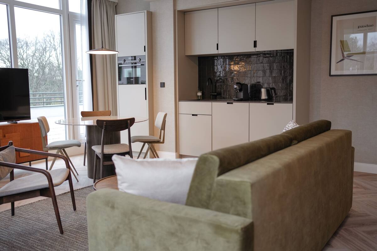 A modern living room with a sofa, chairs, a dining table, and a kitchen area with cabinets and appliances.