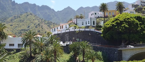 A coastal town with white buildings, a stone bridge, and palm trees.
