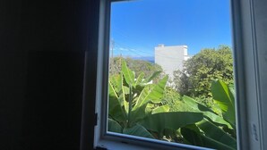 A window with a view of a building and greenery. - Eden Gomera Suite (Lepe)