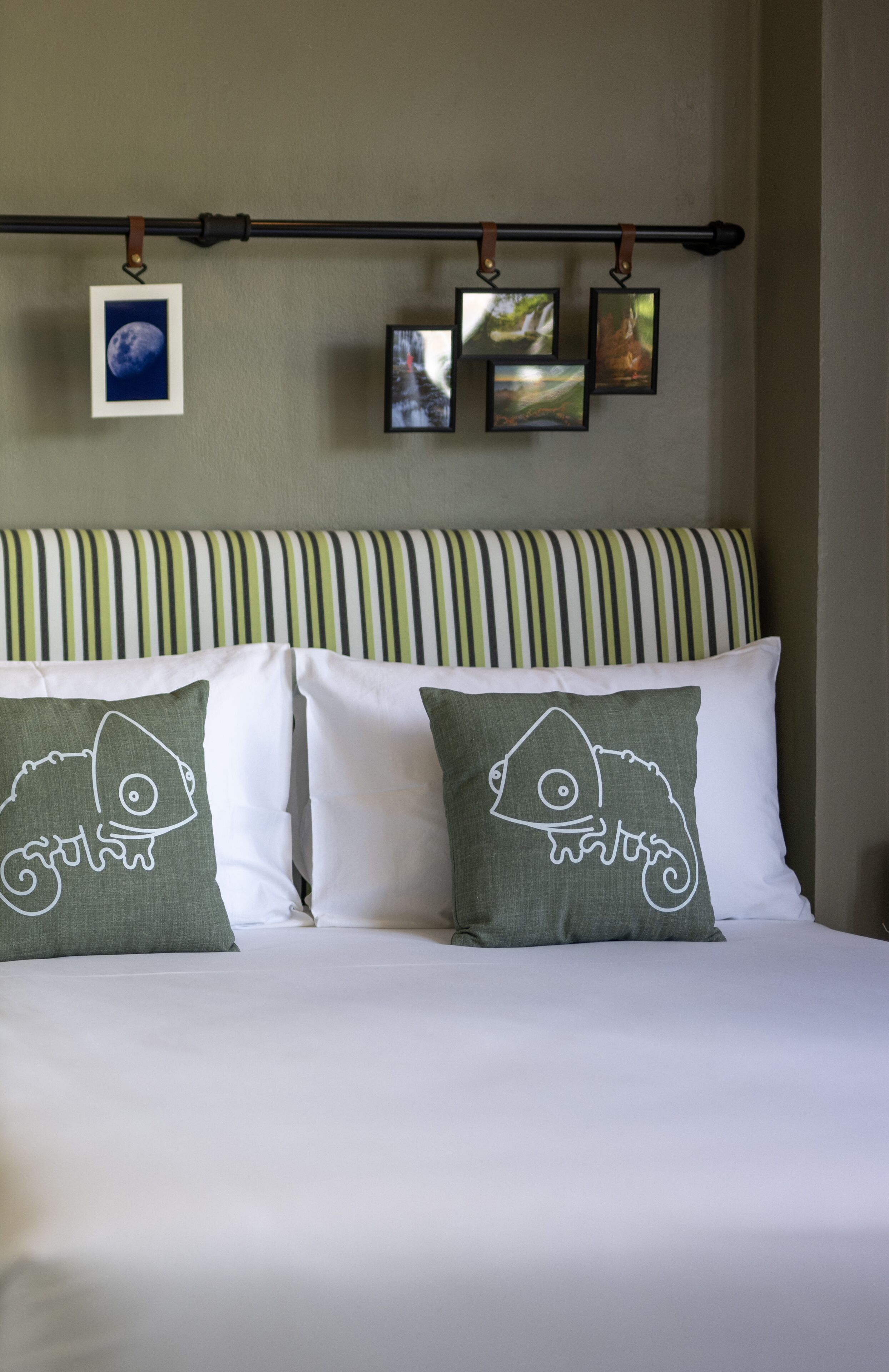A bed with white bedding and green pillows featuring a chameleon design, a striped headboard, and a wall-mounted picture rail with framed photos.