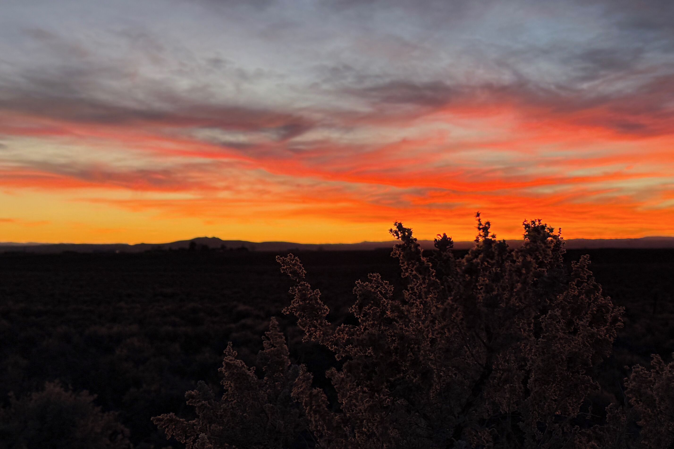 A sunset over a desert landscape with sparse vegetation in the foreground.