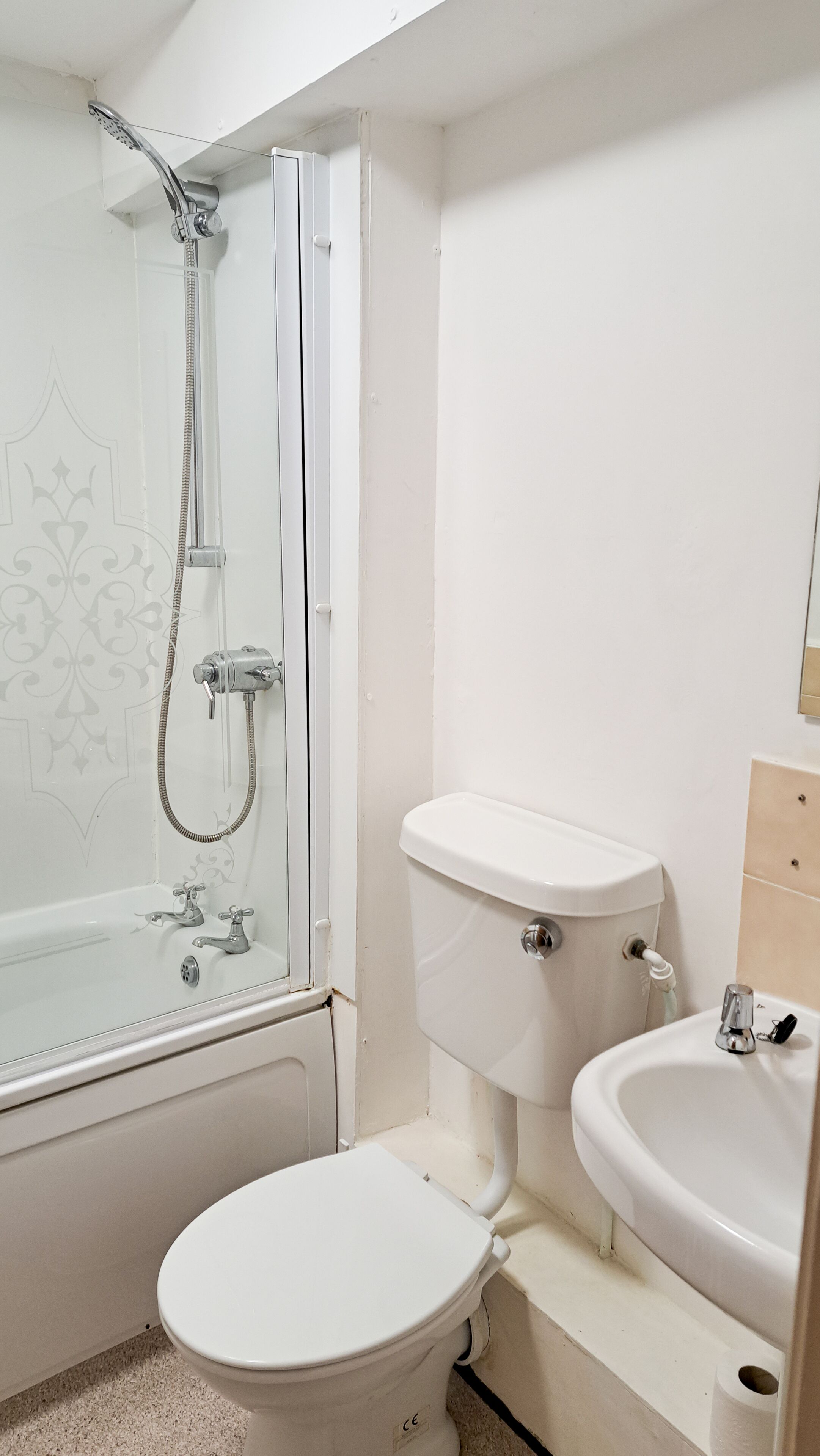 A bathroom with a shower, toilet, and sink.