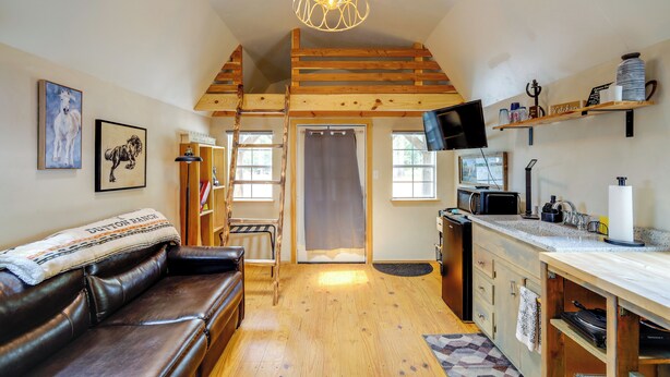 A cozy room with a wooden ceiling, a leather couch, a television, and a kitchen area with a microwave and sink. - Cozy Higden Studio: Close to Greers Ferry Lake! (Higden)