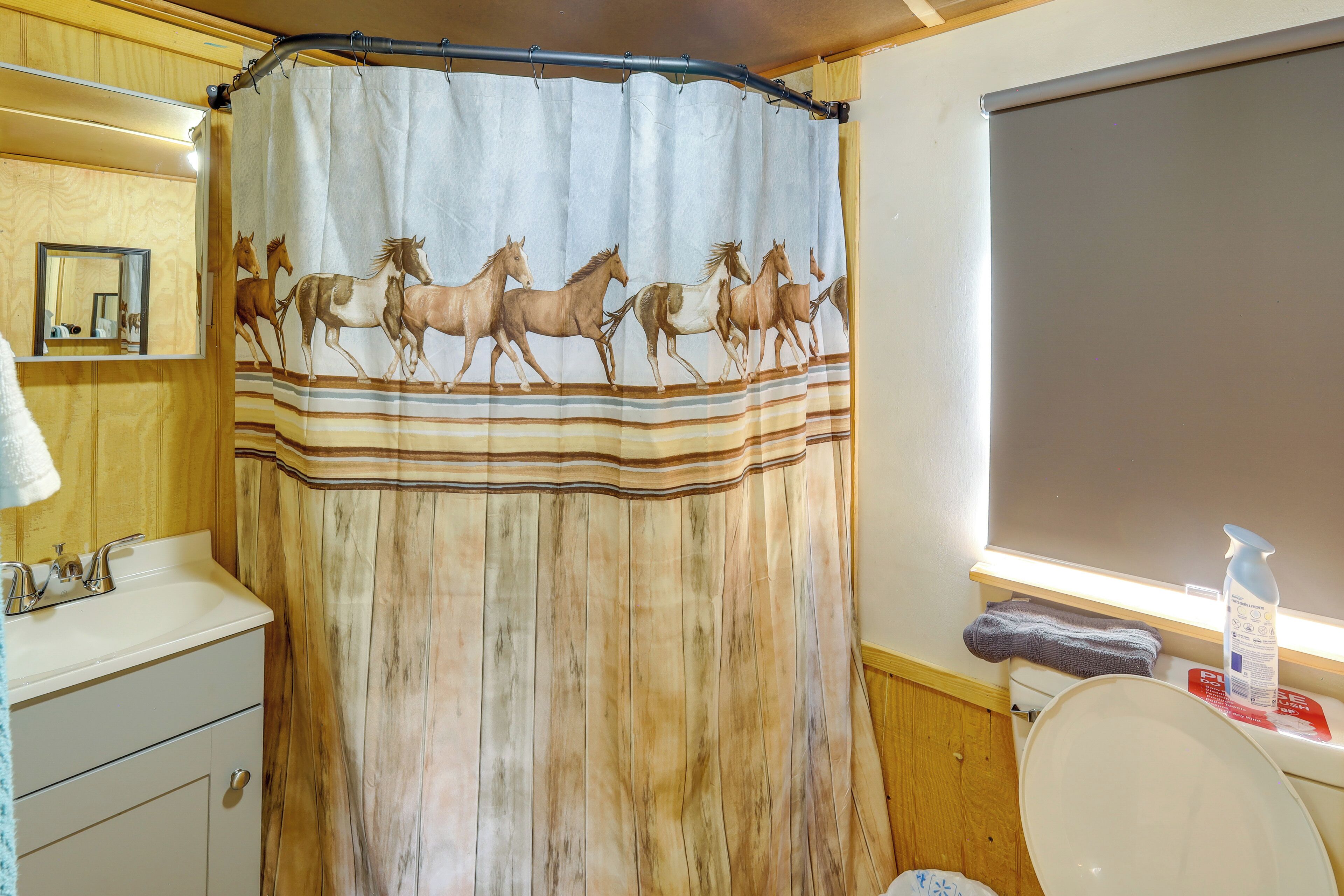 Ein Badezimmer mit Duschvorhang mit Pferdemotiv, einem Waschbecken und einer Toilette.