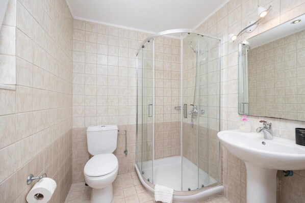 A modern bathroom with a glass-enclosed shower, a white sink, and a toilet.