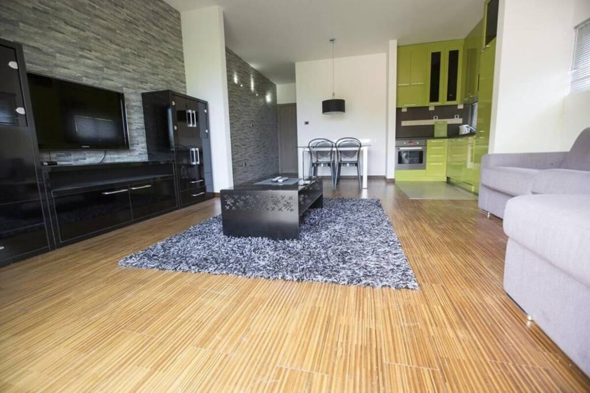 Un salon moderne avec un téléviseur à écran plat, une table basse noire et un canapé gris. La pièce est dotée d’un parquet et d’un tapis gris.