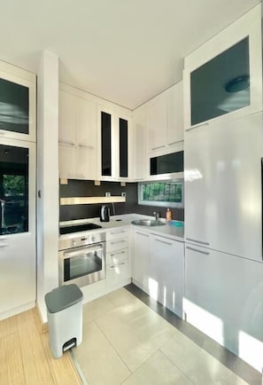 Apartamento panorâmico | Cozinha privada | Geladeira, fogão, cooktop, chaleira elétrica
