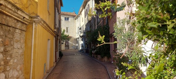 A narrow cobblestone street flanked by historic buildings with stone facades and traditional architecture.