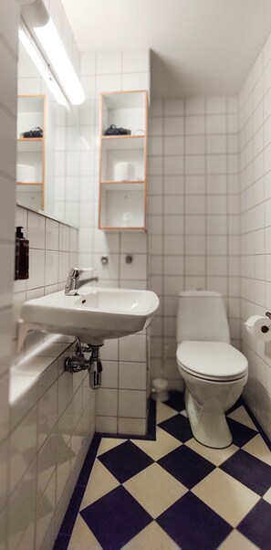 A bathroom with a white sink, toilet, and shelves with toiletries.