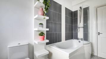 Hair dryer, towels, soap, toilet paper