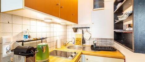 Fridge, microwave, coffee/tea maker, toaster