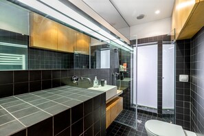 Shower, hair dryer, towels