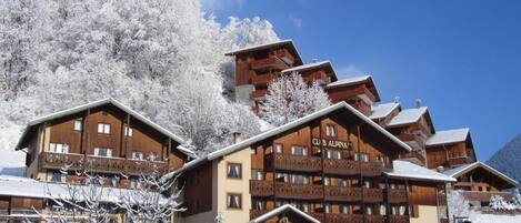 Una cabaña de varios pisos con un letrero que dice 'Club Alpen', rodeada de árboles cubiertos de nieve y un cielo azul despejado.
