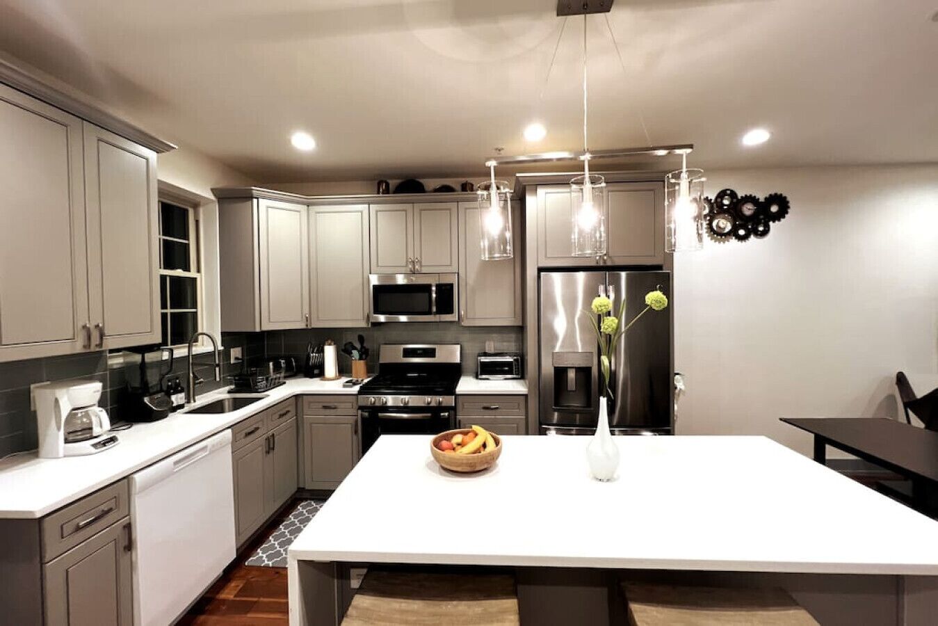 Fridge, coffee/tea maker, cookware/dishes/utensils