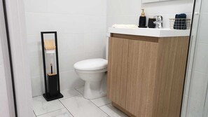 Douche, séchoir à cheveux, serviettes fournies, savon