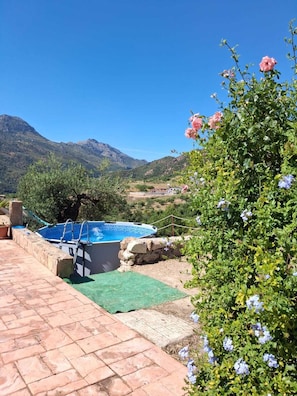 A swimming pool with a view of mountains, surrounded by greenery and a stone wall.