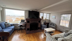 A living room with a fireplace, wooden flooring, a blue sofa, a striped sofa, and a view of a field through large windows.