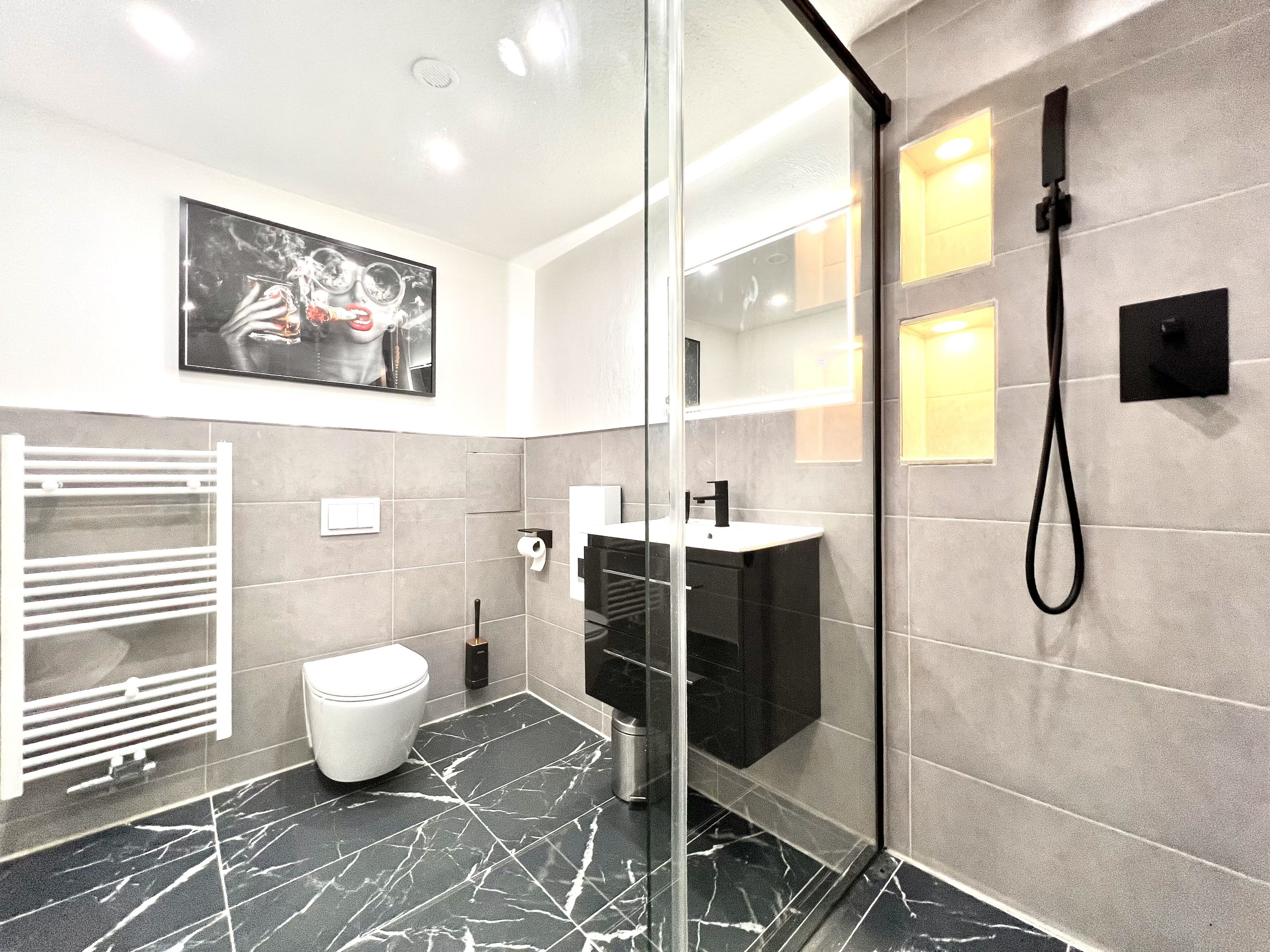 Shower, hair dryer, bidet, towels