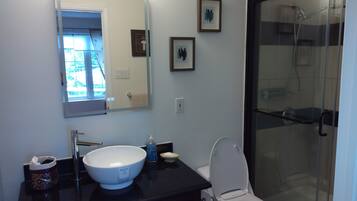 Hair dryer, towels, soap, toilet paper