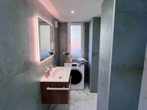 Hair dryer, towels, soap, toilet paper