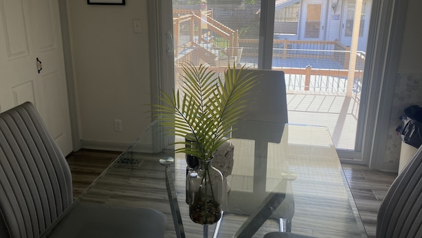A room with a glass table, a potted plant, and a chair. - Visiting family need space? Enjoy our spacious & serene abode. Plenty of space! (Warner Robins)