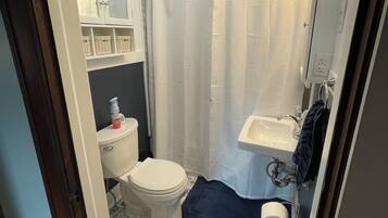 Une petite salle de bain comprenant des toilettes, un lavabo et un rideau de douche.