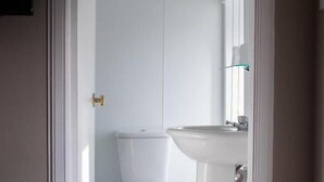A small, clean bathroom with a toilet and a sink. - The Portree Hotel  (Portree)