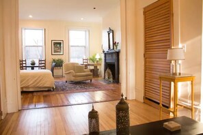 1 bedroom, desk, iron/ironing board, travel cot