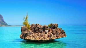 A clear blue sea with a rocky outcrop in the foreground and a mountain in the background. - Villa Floreal 5 (floreal)