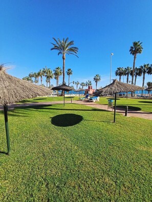 A sunny outdoor area with grass, palm trees, and thatched-roof structures.