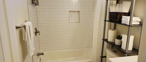 Hair dryer, towels, soap, shampoo