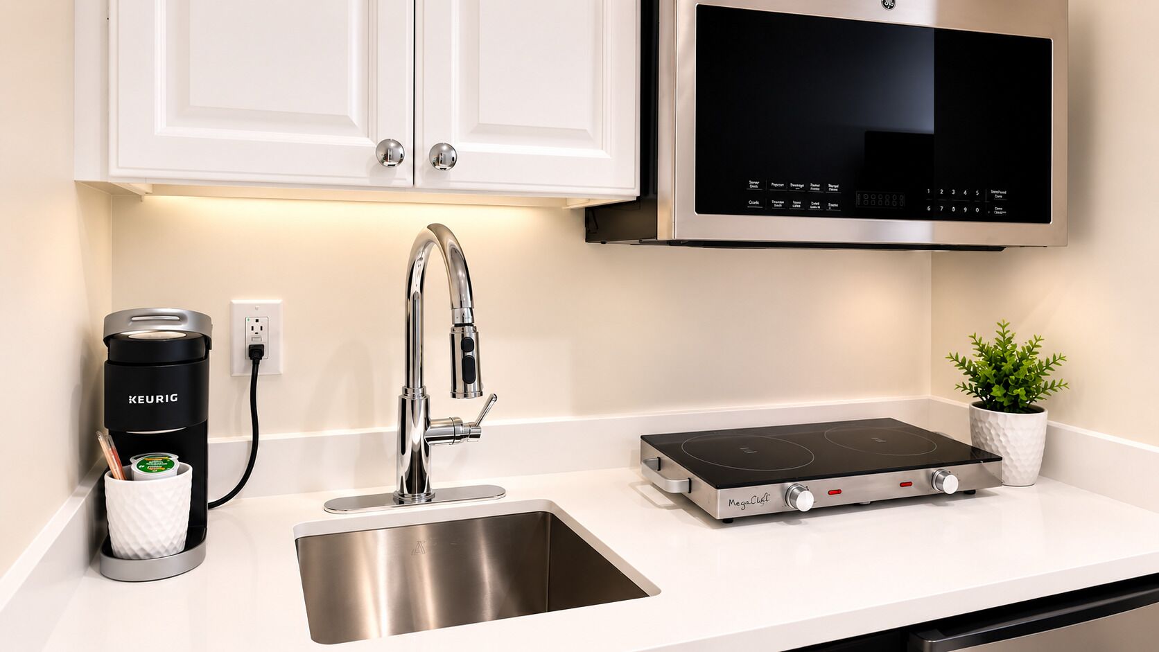 A kitchen with a stainless steel sink, a coffee maker, a microwave, and a portable induction cooktop.