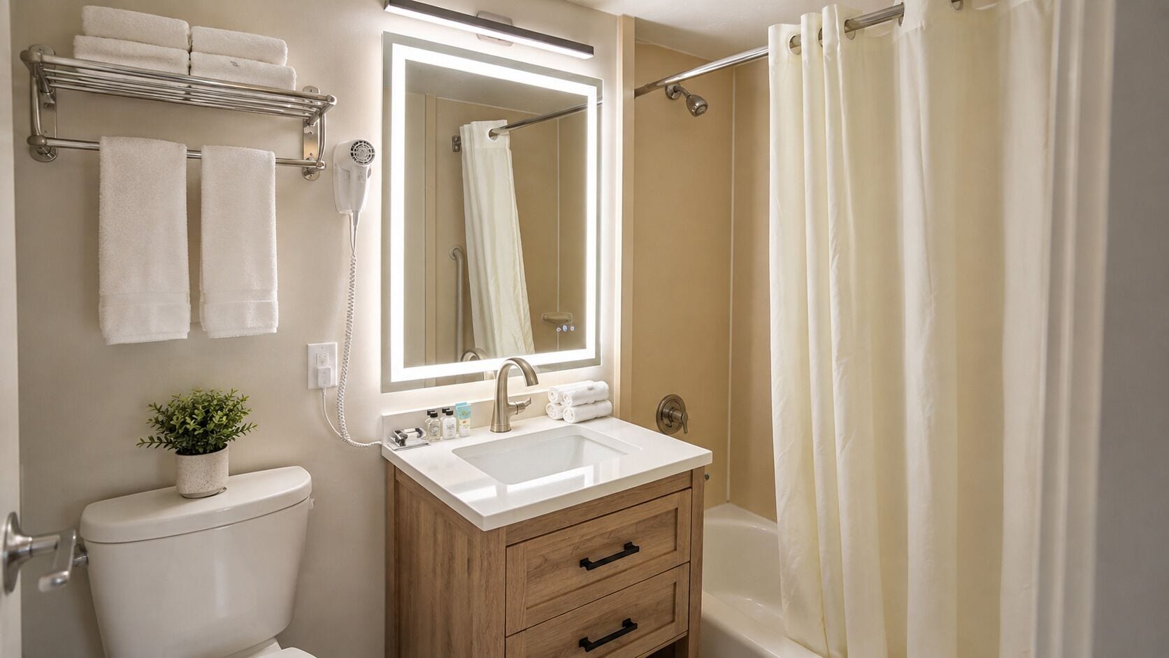 Une salle de bain comprenant des toilettes, un lavabo, un meuble-lavabo et un espace douche.