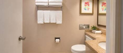 A bathroom with a toilet, sink, towel rack, and framed artwork on the wall.