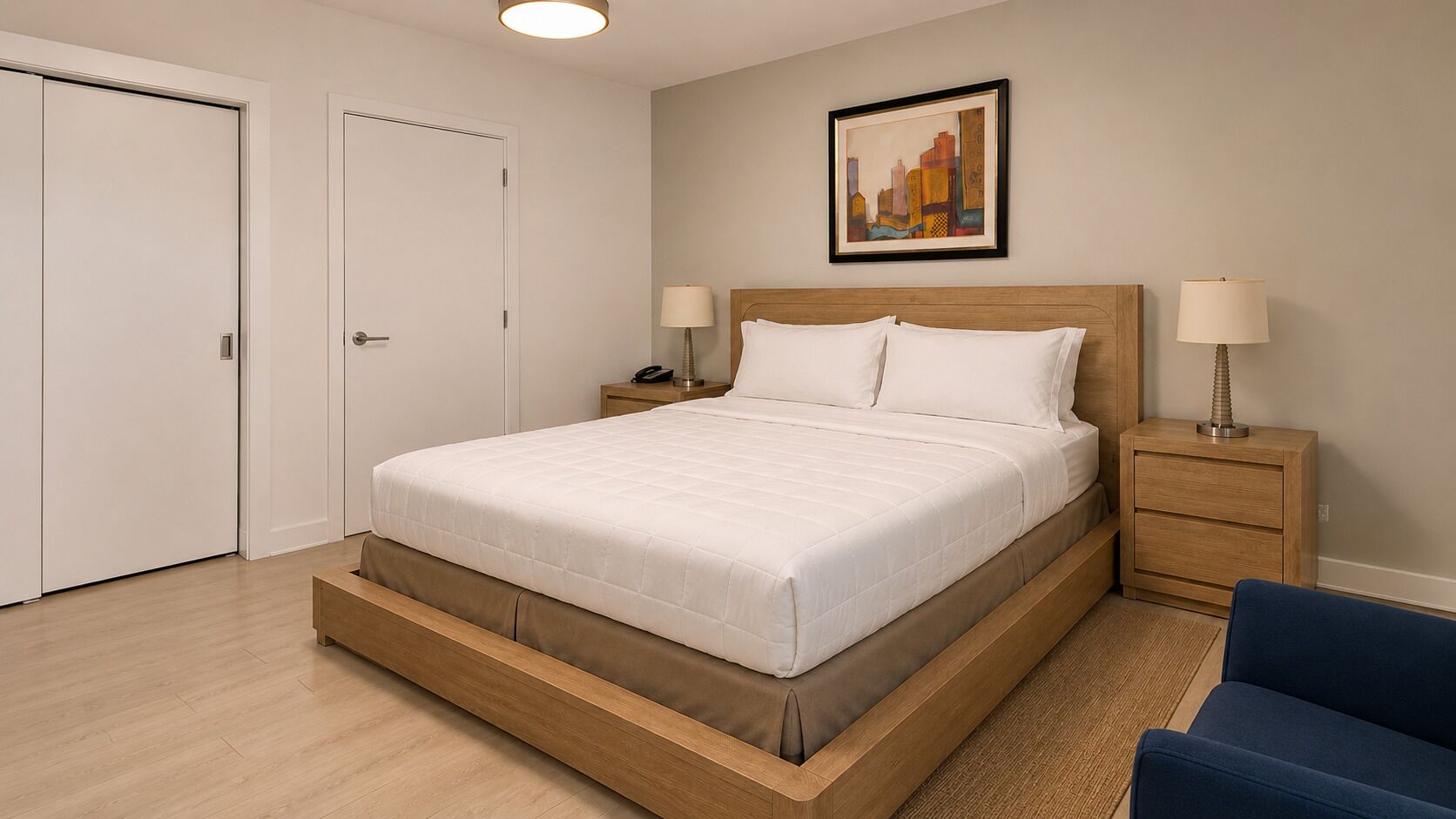 Quarto com cama, mesas de cabeceira, um criado-mudo, uma cadeira e uma porta.