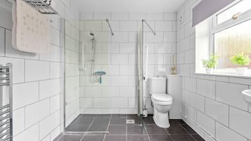 Dusche, umweltfreundliche Kosmetikartikel, Haartrockner, Handtücher