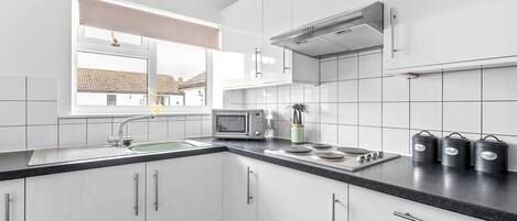 Fridge, microwave, stovetop, electric kettle