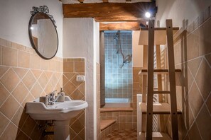 Shower, hair dryer, bidet, towels
